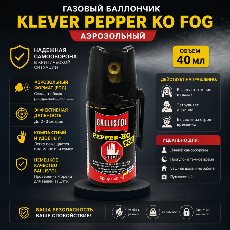 Газовий балончик Klever Pepper KO Fog аерозольний. Об’єм - 40 мл