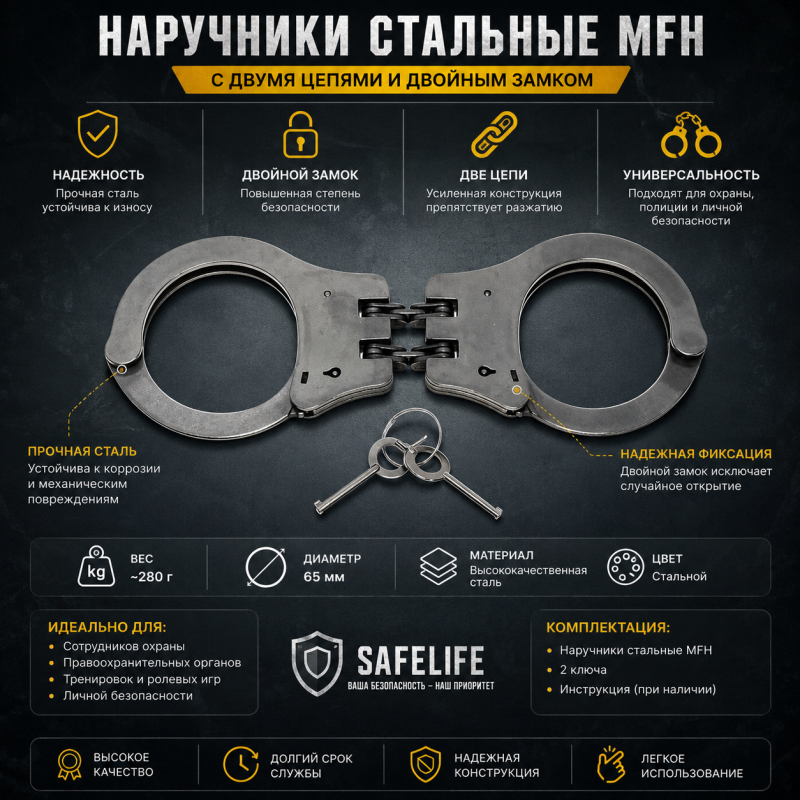 Наручники сталеві MFH із двома ланцюгами та подвійним замком